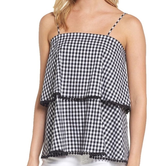 Nordstrom Tops - Pleione Gingham Ruffle Overlay Pom Trim Tank Top Blouse Summer Beachy Boho